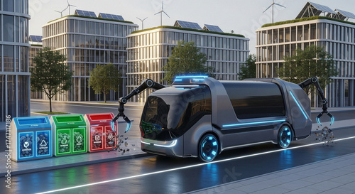 Futuristic Autonomous Garbage Truck with Robotic Arms Sorting Waste