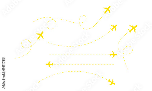 Collection of golden airplanes leaving dotted trails in various flight paths isolated on transparent background