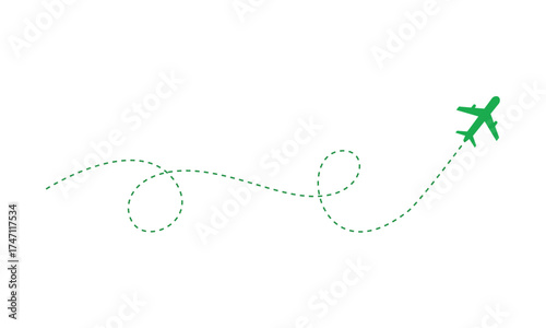 Bright green airplane leaving a dotted trail as it flies isolated on transparent background