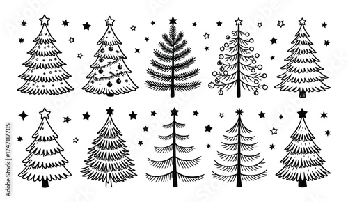 Black Christmas Tree Sketch Illustration – Hand Drawn Style on White Background for Holiday Decoration, Minimal Design Elements, or Seasonal Art Projects and Cards