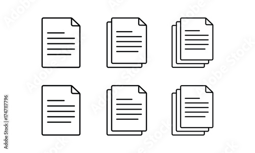 Three stylized icons representing documents or papers with lines of text isolated on transparent background