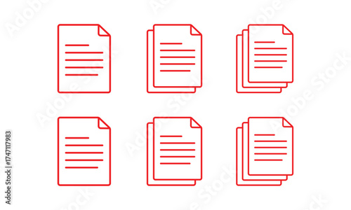 Collection of stylized document icons with red and white lines representing text isolated on transparent background
