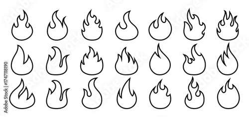 Set of Outline Flame vector icon. Campfire flame, fire flames, fireball, wildfire.
