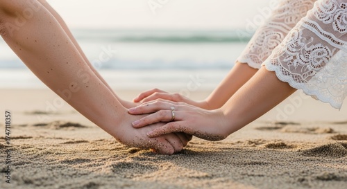 Close-up of couple holding hands on sandy beach at sunset