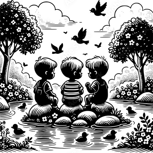 Companionship and Connection: A heartwarming monochrome illustration captures three young individuals seated on rocks, engaged in an animated discussion amidst nature, surrounded by birds and ducks. 