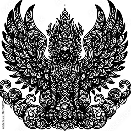 Mythical Creature: The intricate illustration showcases an enigmatic mythical creature with majestic wings and an ornate design, exuding a sense of ancient art and cultural significance.