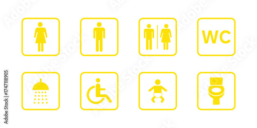 Collection of eight yellow restroom and facility signs with universal icons isolated on transparent background