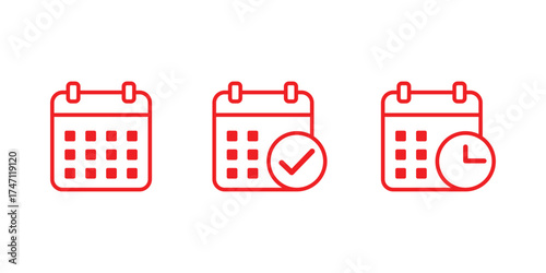 Three red outline calendar icons showing different stages of planning and scheduling isolated on transparent background