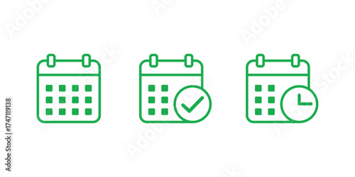 Three stylized calendar icons showing days a checked day and a day with a clock isolated on transparent background