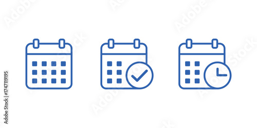 Three stylized calendar icons showing different stages of planning and scheduling isolated on transparent background