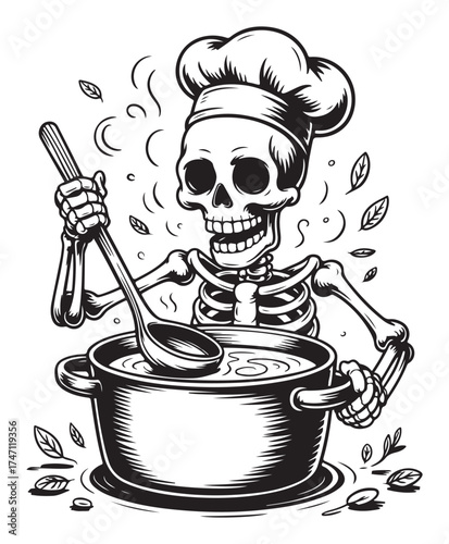Religious Symbol Black and white chef stirring soup in a pot with leaves cooking ladle