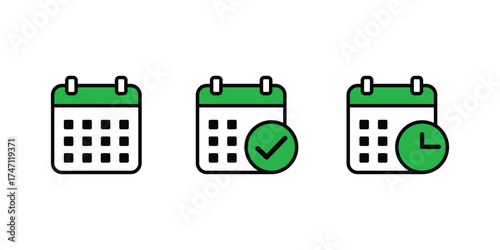 Three stylized calendar icons showing different stages of planning and completion isolated on transparent background