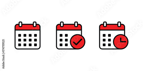 Three stylized calendar icons showing different stages of completion and time tracking isolated on transparent background