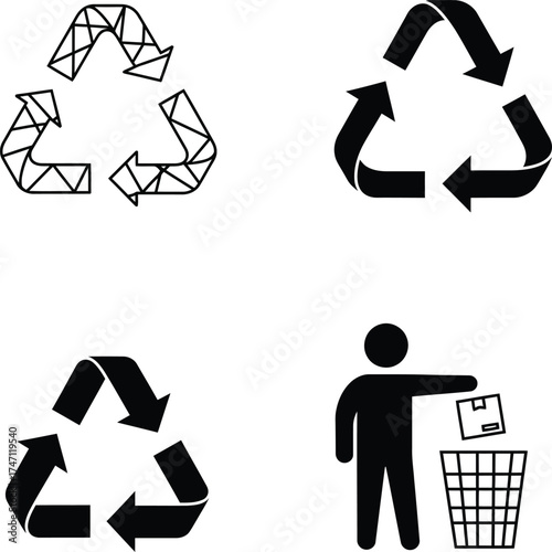 Collection of four distinct recycling symbols and a person disposing waste in a bin
