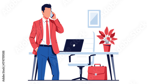 Vector art of a businessman in a red suit and blue pants talking on the phone while standing next to a desk with a laptop and briefcase