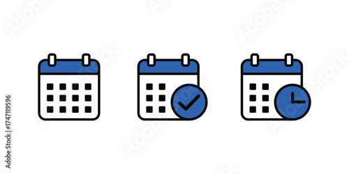 Three calendar icons showing a blank calendar a calendar with a checkmark and a calendar with a clock isolated on transparent background