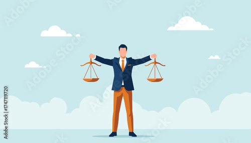 Vector art of a businessman holding scales of justice in each hand, symbolizing balance, fairness, and legal decisions against a cloudy sky background