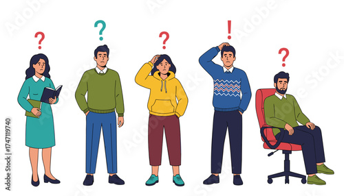 Vector art of a diverse group of people expressing confusion and curiosity with question marks and an exclamation point above their heads