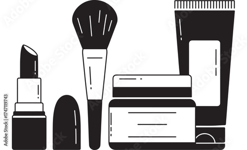 Vector art of collection of makeup products including lipstick, brush, jar, and tube