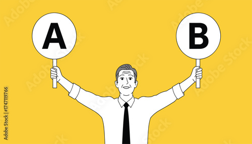 Vector art of a businessman holding two signs, one with the letter a and the other with the letter b, symbolizing choice, decision making, or comparison between two options