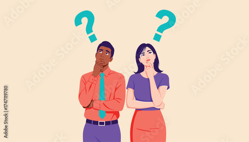 Vector art of two diverse people, a man and a woman, standing sidebyside with question marks above their heads, contemplating and thinking