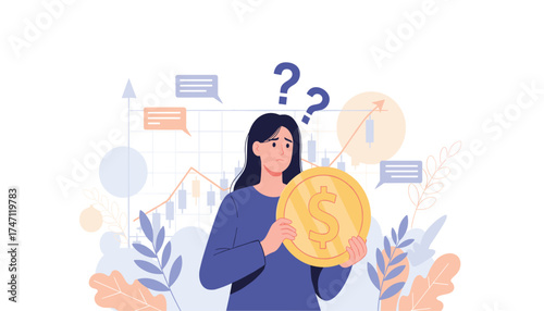 Vector art of young woman holding a large gold coin with a dollar sign, looking confused with question marks above her head, representing financial uncertainty and decision making