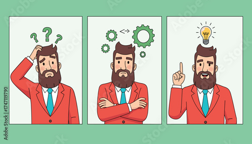 Vector art of a man goes through the process of thinking, from confusion to a brilliant idea, represented in three panels