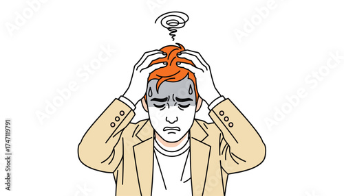 Vector art of man holding his head in frustration and stress, with a swirl above his head indicating confusion