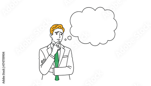 Vector art of a businessman in a suit stands with his hand on his chin, looking thoughtful with an empty thought bubble above his head