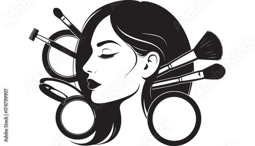 Vector art of stylized illustration of a womans profile with makeup brushes and compacts