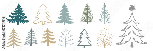 Christmas Tree Vector Set with Hand Drawn Style – Artistic Holiday Illustrations for Winter Greeting Cards, Seasonal Decor, Invitations, and Festive Design Concepts