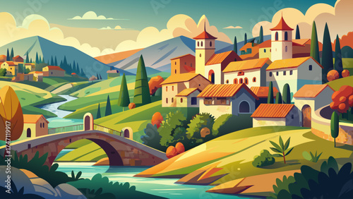 Very beautiful stylized Italian village nestled among rolling hills with a charming bridge and gentle river beneath a cloudy sky, vector-style landscape rich in color, harmony, and peaceful atmosphere