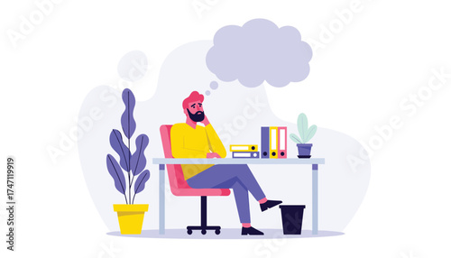 Vector art of a man sitting at a desk with a thought bubble above his head, contemplating