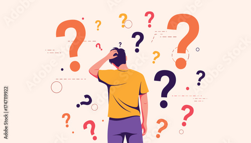 Vector art of a person scratching their head surrounded by question marks, symbolizing confusion, doubt, and the search for answers in a conceptual illustration