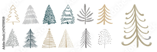 Christmas Tree Vector Set with Hand Drawn Style – Artistic Holiday Illustrations for Winter Greeting Cards, Seasonal Decor, Invitations, and Festive Design Concepts