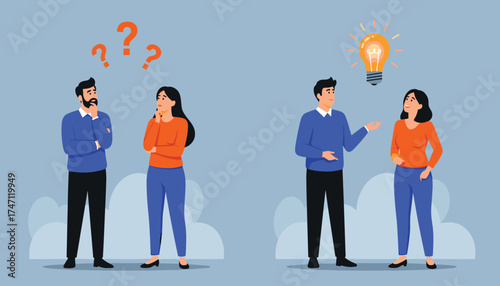 Vector art of two pairs of people, one pair confused with question marks, the other pair with a bright idea lightbulb above their heads, illustrating problem solving and innovation