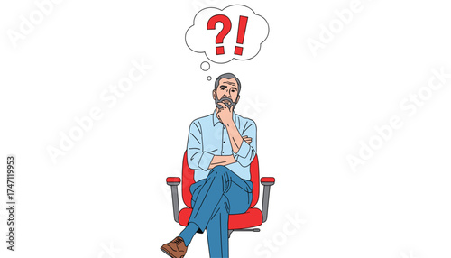 Vector art of a man sitting in a red chair with a thought bubble containing a question mark and an exclamation point