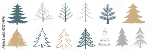 Christmas Tree Vector Set with Hand Drawn Style – Artistic Holiday Illustrations for Winter Greeting Cards, Seasonal Decor, Invitations, and Festive Design Concepts
