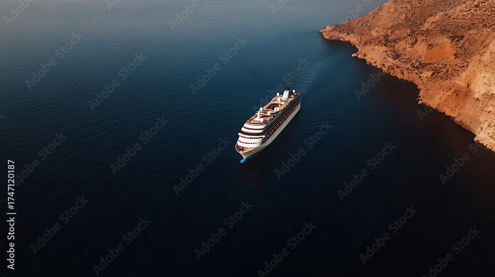 Naklejka premium Aerial view of a cruise ship sailing through a vast blue ocean. Majestic cliffs line the coast, creating a stunning contrast against the serene water.