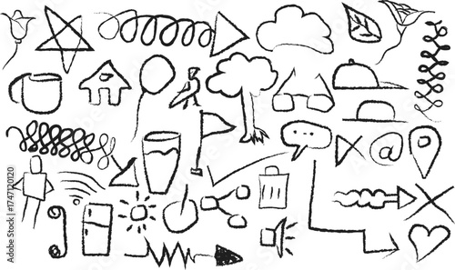 Hand-Drawn Icon Collection Rough Sketch and Brush Style Vector Illustrations with Artistic Ink Texture, Creative Doodle Symbols and Minimal Outline Elements on White Background