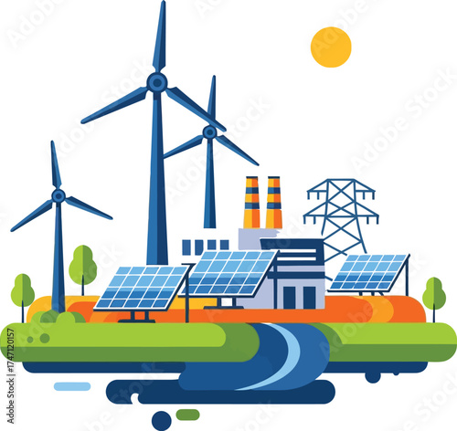 Sustainable energy landscape with wind turbines solar panels and power lines in a clean environment