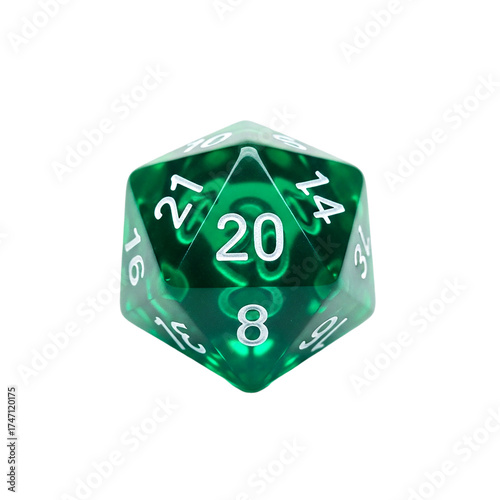 A green twenty-sided die used for tabletop role playing games is isolated on a pure transparent background for commercial gaming products.