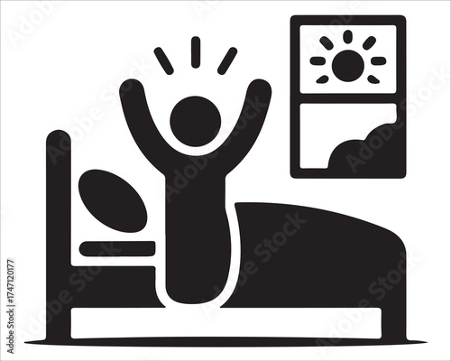 Morning wake-up silhouette of person stretching in bed with sunlight through window