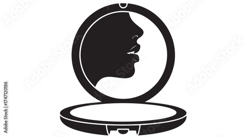 Vector art of silhouette of a womans face reflected in a compact mirror
