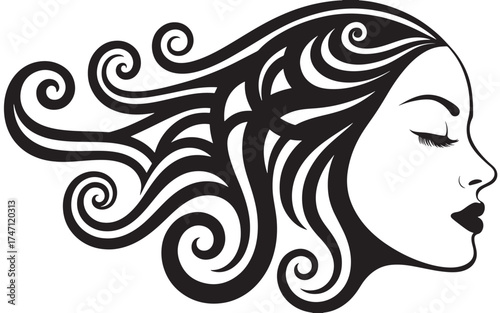 Vector art of stylized black and white illustration of a womans profile with elaborate curly hair