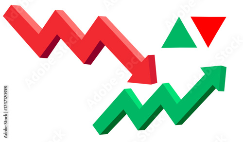 Green up and red down 3d arrow sign.share market ups and down icon showing rising and descending trend, boosting of business result, decrease and growing investment profit symbol