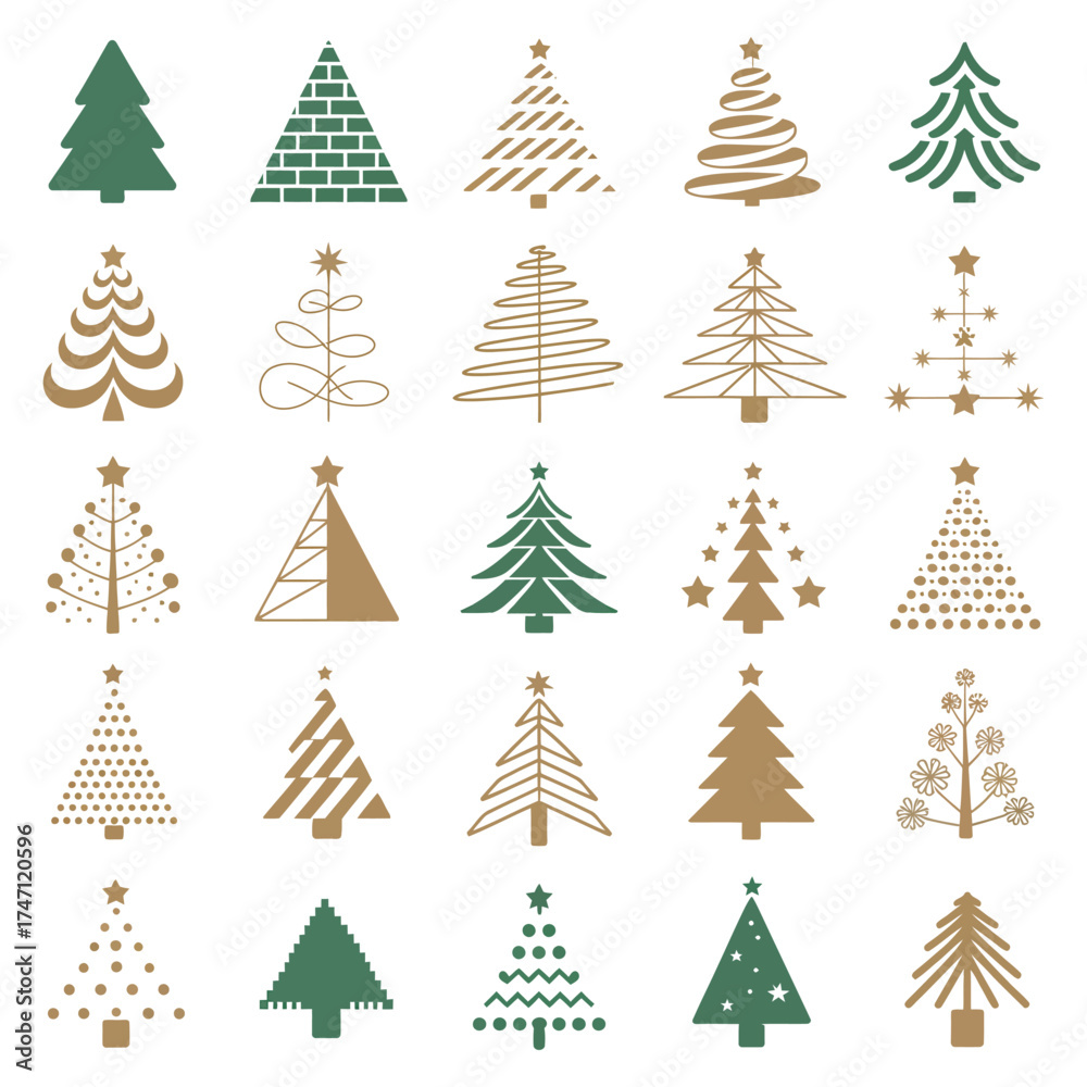 Obraz premium Christmas Tree Icon Collection – Vector Illustration Set for Holiday Design, Festive Greeting Cards, Seasonal Decorations, Winter Celebrations, and Creative Graphic Design Projects