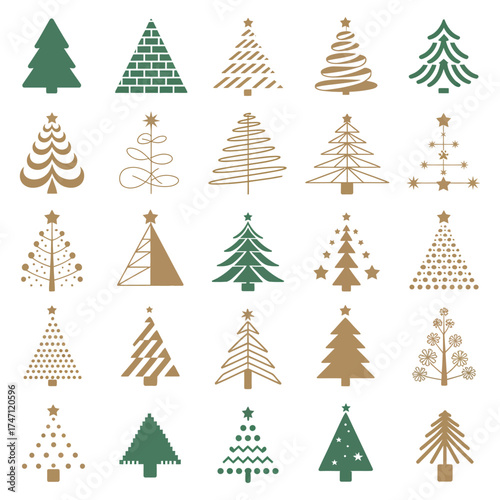 Christmas Tree Icon Collection – Vector Illustration Set for Holiday Design, Festive Greeting Cards, Seasonal Decorations, Winter Celebrations, and Creative Graphic Design Projects