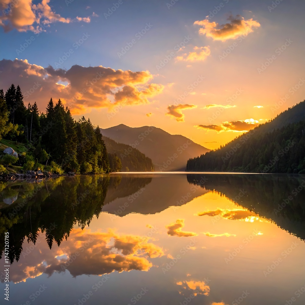 Fototapeta premium Golden sunset over a serene lake, reflecting clouds and mountains. Lush green forest borders the tranquil water