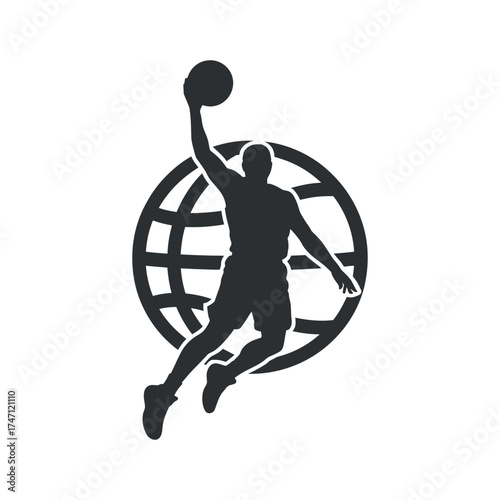 Dynamic Basketball Player Silhouette Performing Slam Dunk Over Global Icon Art